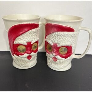 Vintage 1950's Plastic Santa Claus 2 Cups Tumbler  Google Eyes USA Eagle‎ 4.5x3"